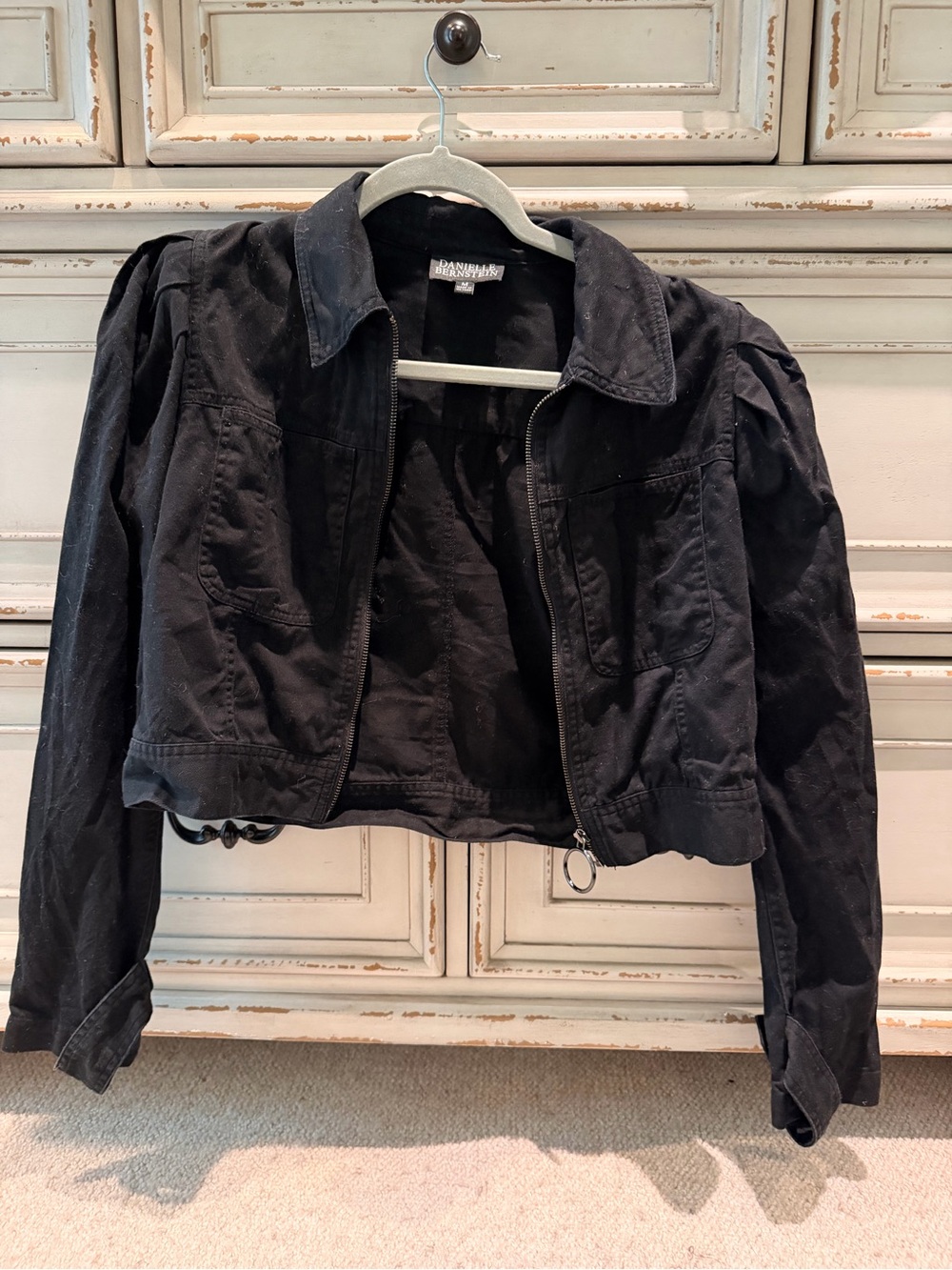DANIELLE BERNSTEIN Black Cropped Puff-Shoulder Jean Jacket
